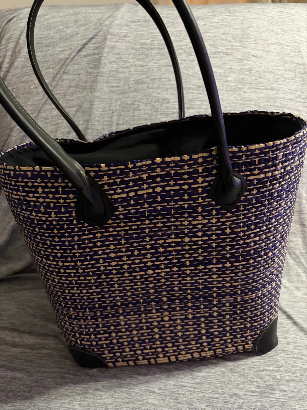 Navy and Tan Woven Tote with Black Handles
